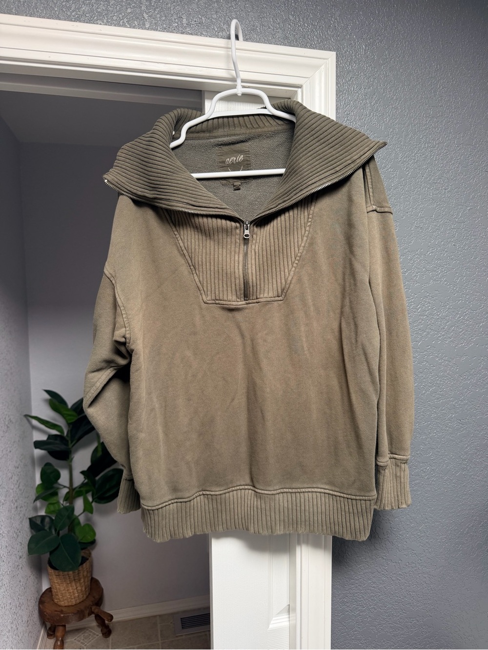 aerie Olive Zip-Neck Pullover Sweater